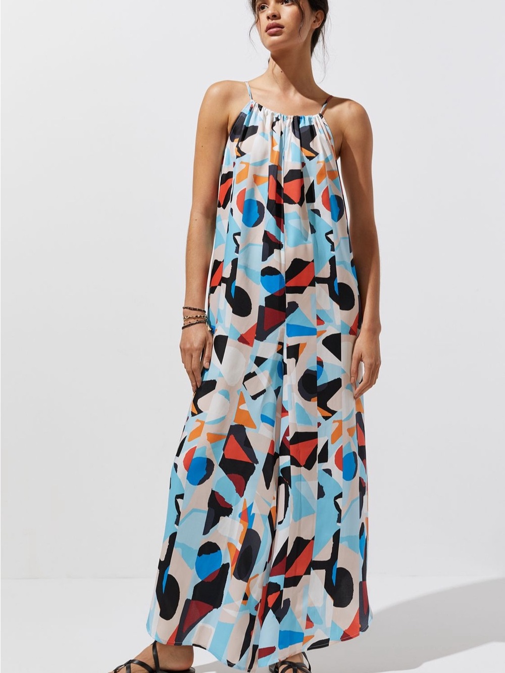 Anthropologie Abstract Print Wide-Leg Jumpsuit in Blue, Black & Coral